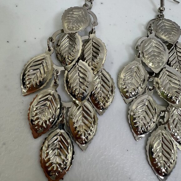 Leaf Earrings Dangle Silver Tone Charm Chandelier Boho Long‎ Statement Textured - Picture 2 of 5